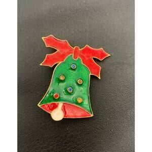 Vintage Signed Art Arthur Pepper Christmas Bell Brooch Pin Enamel Rhinestones